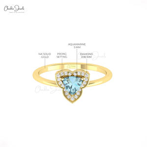 Bague de mariage élégante en or jaune 14 carats avec aigue-marine naturelle de 5 mm sertie à griffes et halo de diamants, vente en gros pour mariée - Product Image 3