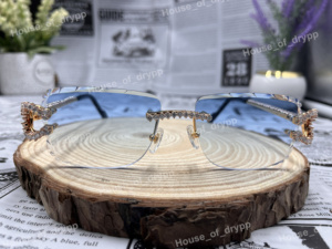 Rimless <b>Blue</b> Lens <b>Sunglasses</b> Round Cut Moissanite Diamond Iced Out Luxury Eyewear Mens Womens Hip Hop Designer Glasses Gift - Product Image 2