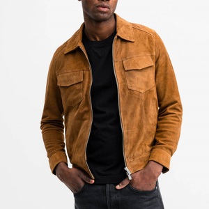 <b>Men's</b> Brown <b>Suede</b> Leather <b>Jacket</b> Zipper Closure Pockets Casual Winter Style Stand Collar Regular Fit Windproof & Breathable - Product Image 1