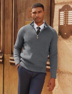 Men's Gray Quarter <b>Zip</b> Long Sleeve Knitted Casual <b>Shirt</b> Stand Collar Solid Color Autumn Wear - Product Image 2