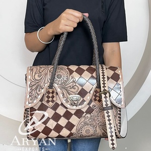 Customized Hand Tooled Genuine Cowhide Leather Handbag Checkered Pattern Floral <b>Tote</b> Bag Premium Purse Perfect for Women's - Product Image 1