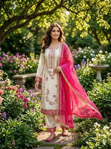 Ensemble Kurta en soie et mousseline brodée ethnique pour femme, Salwar Kameez traditionnel avec dupatta transparent pour fêtes et mariages - Product Image 5