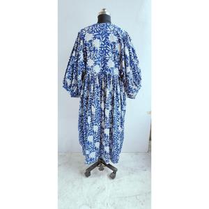 Women's Blue <b>White</b> Floral Handprint Cotton Midi Dress With Tie-Neck And Short Puff Sleeve Boho Summer Dress - Product Image 2
