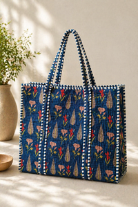 Vintage Fashion Bohemian Floral Quilted Tote <b>Bag</b> with Zipper Closure Jaipur Hand Block Print for Women <b>Summer</b> Use - Product Image 2