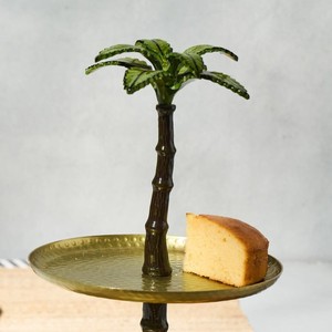 Charming Two-<b>Tier</b> Gold <b>Cake</b> Stand Featuring Hammered Trays & A Unique Central Palm Tree Pillar With Green Fronds Top For Serving - Product Image 3
