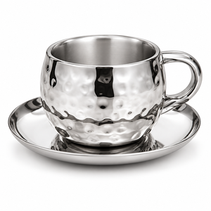 Ensemble tasse et soucoupe à expresso en acier inoxydable martelé avec poignée, tasse à café en métal à double paroi - Product Image 1