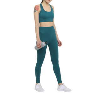 Women 2 Piece Yoga Set Solid Color Racerback <b>Crop</b> <b>Top</b> High Waist Full Length Leggings Breathable Spandex Polyester Seamless - Product Image 1