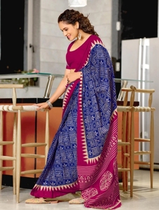 Sari en coton pur tissé à la main avec impression bloquée - Product Image 4