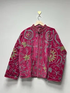 Boho Purple <b>Velvet</b> Suzani <b>Jacket</b> with Floral Embroidery Full Sleeve Stand Collar <b>Women's</b> Winter Outerwear - Product Image 2