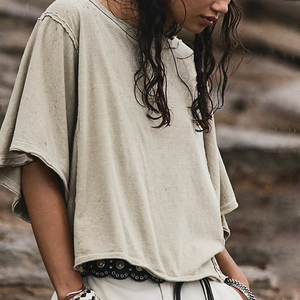 เสื้อยืดแขนทรงปีกค้างคาวไซส์ใหญ่สำหรับผู้หญิง คอกลม สีพื้น ผ้าฝ้ายเจอร์ซีย์ 100% เสื้อยืดพลัสไซส์แบบกลับด้าน ขายดี - Product Image 4