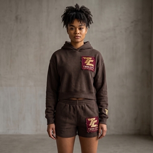 Twin City <b>Women's</b> 2 Piece Hoodie and <b>Shorts</b> Set Brown Cotton Patchwork Casual Outfit Above <b>Knee</b> <b>Length</b> Regular Fit - Product Image 5