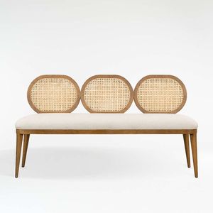 Unique Triple Oval Cane <b>Back</b> Dining Bench with Solid Wood Frame and Soft Fabric <b>Cushion</b> for Luxury Interior Furniture Projects - Product Image 1