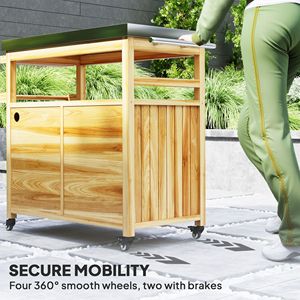 Carrello da Cucina per Esterni in Legno Massello con Piano in Acciaio Inox, Ruote e Armadietti, Carrello per Barbecue da Esterno in Legno Naturale - Product Image 6