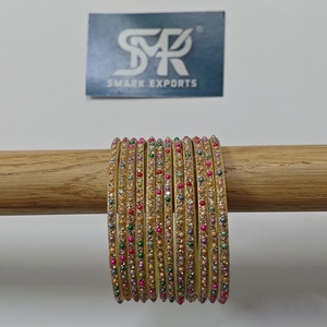 Luxury Multicolor Pearl Stone Golden Glitter <b>Glass</b> <b>Bangles</b> Set Handmade Traditional Indian Bridal Wedding Party Wear Jewelry - Product Image 3
