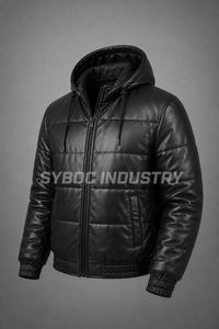 Blouson matelassé en cuir pour homme avec options de col en tricot et capuche, coloris noir et marron, fermeture éclair sur le devant, hiver - Product Image 4