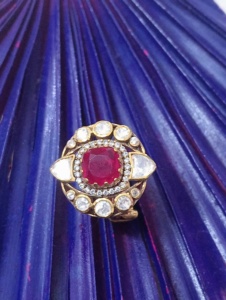 Anillo de cóctel vintage con forma de flor, rubí natural y diamantes, chapado en oro de 9 quilates, joyería de compromiso para mujer, piedra de nacimiento de julio - Product Image 2