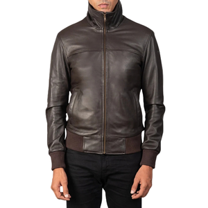 <b>Men</b>’s Dark Brown Genuine <b>Leather</b> <b>Bomber</b> Jacket Classic Collar Full Zip Ribbed Cuffs Premium Casual Winter Outerwear - Product Image 1
