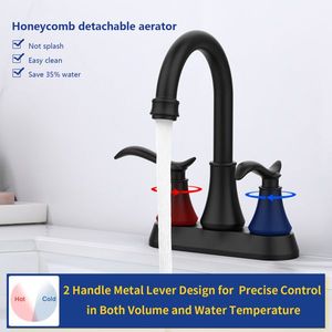 Rubinetto per lavabo da bagno a 2 maniglie con beccuccio girevole a 360 gradi, 4 pollici, con scarico a scomparsa e tubi di alimentazione, nero opaco, 4 fori centrali - Product Image 4