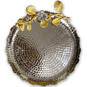 Plateau de service rectangulaire de luxe en acier inoxydable avec poignées en forme de branche dorée et accents en cristal, vente en gros d'usine - Product Image 2