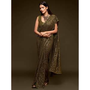 Superbe sari de soirée en georgette vert olive à paillettes non cousu 1000g - Product Image 5