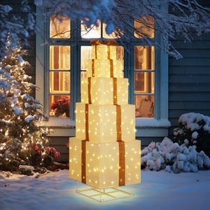 6FT Pre-Lit Pull-Up Gift Box Tower with 200 LED Warm White Lights Christmas Outdoor Christmas Lights with Ropes and Stakes - Product Image 4