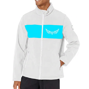 Men's White Fleece <b>Jacket</b> With <b>Red</b> And Black Color Blocking Windproof Zipper Front Sporty Design Stand Collar - Product Image 2