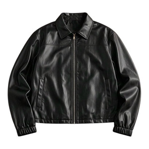 Veste décontractée unisexe noire aspect cuir vintage, col montant, coupe ajustée, logo uni sur le devant, vêtement d'extérieur pour l'hiver, service OEM - Product Image 1