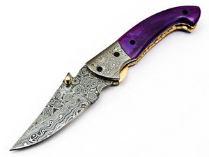 Couteau pliant Damas avec lame à motifs audacieux et manche ergonomique moderne, couteau de poche en acier Damas - Product Image 4