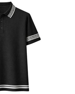 Polo personnalisé noir pour homme en mélange de coton, décontracté, à manches courtes, idéal pour l'été, avec col, poignets et ourlet contrastants à motif grec. - Product Image 2