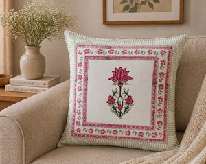 Hand <b>Block</b> Printed Pink Floral Cushion Cover Cotton Decorative Sofa Pillow Cover for Living Room Home Decor - Product Image 4