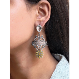 Pendientes Colgantes Florales de Plata Oxidada con Piedra Amarilla para Mujer, Estilo Étnico Bohemio, Joyería de Declaración - Product Image 2