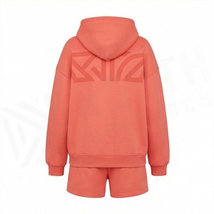 Ensemble 2 pièces pour femmes, sweat-shirt à capuche et short, imprimé géométrique corail, coupe ample, décontracté, pour le printemps et l'été - Product Image 2
