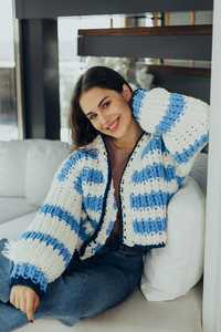 Women's Blue White Striped <b>Crocheted</b> <b>Cardigan</b> V Neck Full Sleeve Casual Winter Thick Acrylic Knit Sweater - Product Image 1