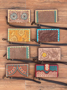 Portefeuille Western en cuir repoussé fait à la main vente chaude 100% portefeuille en cuir véritable Floral point à la main pochette personnalisée en peau de vache - Product Image 5