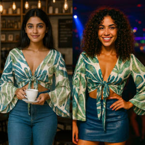 Blusa Elegante para Fiesta con Estampado Geométrico, Cuello en V, Manga Campana, Estilo Cruzado y Lazos, para Mujer, Ecológica - Product Image 1