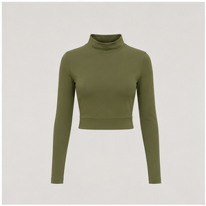 Womens Olive Green Turtleneck Long Sleeve <b>Cropped</b> <b>Fitted</b> <b>T</b> <b>Shirt</b> WTS-0074 - Product Image 1