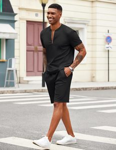 OEM Wholesale Custom Logo Breathable Solid Mens Zipper Style <b>Collar</b> <b>T</b>-<b>Shirt</b> Short Pant Comfortable Summer Casual Gym Wear - Product Image 4