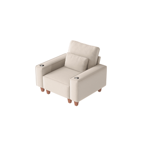 Poltrona Singola Moderna e Accogliente in Ciniglia con Seduta Profonda, Schienale Alto, Portabicchieri in Acciaio Inox Spazzolato e Cuscino Decorativo - Product Image 1