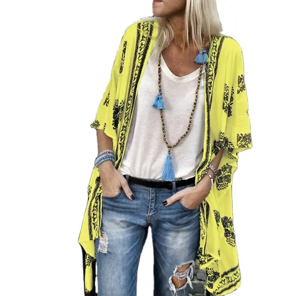 Women Casual Vintage Cardigan Ladies Summer Long Chiffon Loose printed Blouse Tops Black