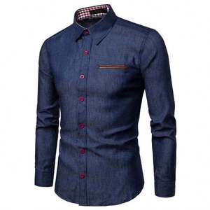 Men's Slim Fit Denim Shirt Long Sleeve Solid Color Turn-<b>down</b> Collar Casual Breathable Full Button <b>Down</b> Design - Product Image 5