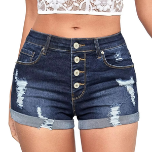 Shorts en jean décontractés taille haute pour femmes, style déchiré, respirants, bleu foncé, à boutons – Vente chaude en gros - Product Image 1
