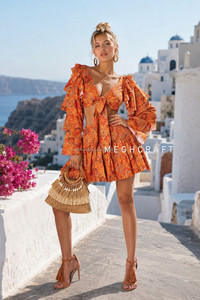 Ensemble 2 pièces bohème pour femme, haut court à col volanté et manches longues, jupe au-dessus du genou en crêpe à motif géométrique, respirant, séchage rapide, taille XL - Product Image 3