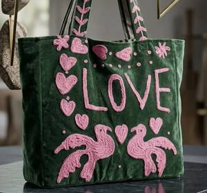 Sac fourre-tout en velours brodé Suzani fait main, motif oiseaux amoureux, sac à bandoulière décontracté de luxe, sacs de shopping écologiques en gros - Product Image 3