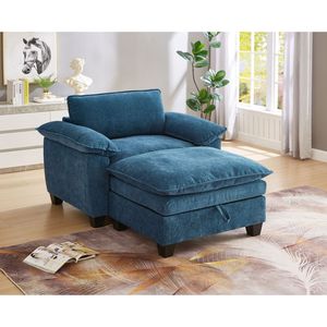 Chaise longue imbottita oversize da 51 pollici in morbido ciniglia blu con poggiapiedi e contenitore - Product Image 2