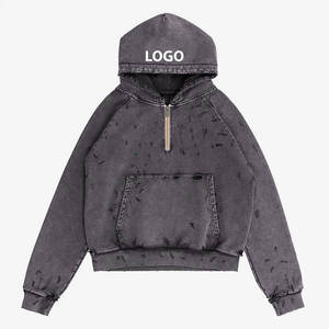 Sudadera con capucha extragrande con logo personalizado, efecto desgastado, lavado ácido, bajo cortado, dobladillo sin rematar vintage, para hombre y mujer - Product Image 1