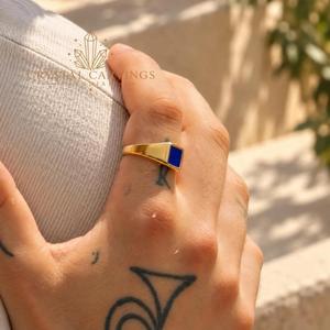 Natural Lapis Lazuli Signet <b>Ring</b> Rectangular Blue Gemstone <b>Ring</b> <b>Mens</b> Unisex Statement Jewelry Custom Gold Plated <b>Silver</b> <b>Ring</b> - Product Image 3