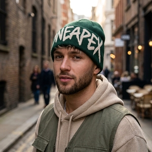 Custom Green Knit Beanie Hat White Logo Ribbed <b>Winter</b> <b>Cap</b> Unisex Streetwear Fashion Headwear Wholesale Manufacturer OEM - Product Image 2