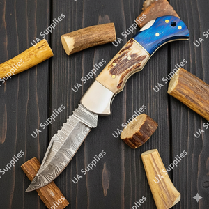 มีดพับเหล็กดามัสกัสพรีเมียม ใบมีดคมกริบ ด้ามทำจากเขาสัตว์และไม้ปักกาวูด สำหรับพกพา ใช้ในชีวิตประจำวัน เอาตัวรอด ตั้งแคมป์ ล่าสัตว์ ขายส่ง รับผลิตแบบ OEM - Product Image 3