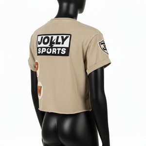 T-shirt court pour femme en jersey de coton premium, beige délavé, avec patch brodé, logo personnalisé, respirant - Product Image 5