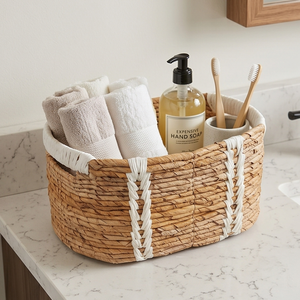 Panier de rangement naturel tissé à la main, écologique, avec poignées blanches, bac décoratif tissé pour l'organisation de la maison, du placard et du garde-manger - Product Image 4